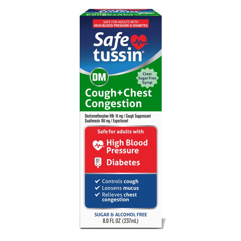 Safetussine DM Congestion de la toux et de la poitrine, 8 oz, soulagement du mucus expectorant, sirop de soulagement de la toux, sans danger pour les adultes souffrant d'hypertension artérielle et de diabète