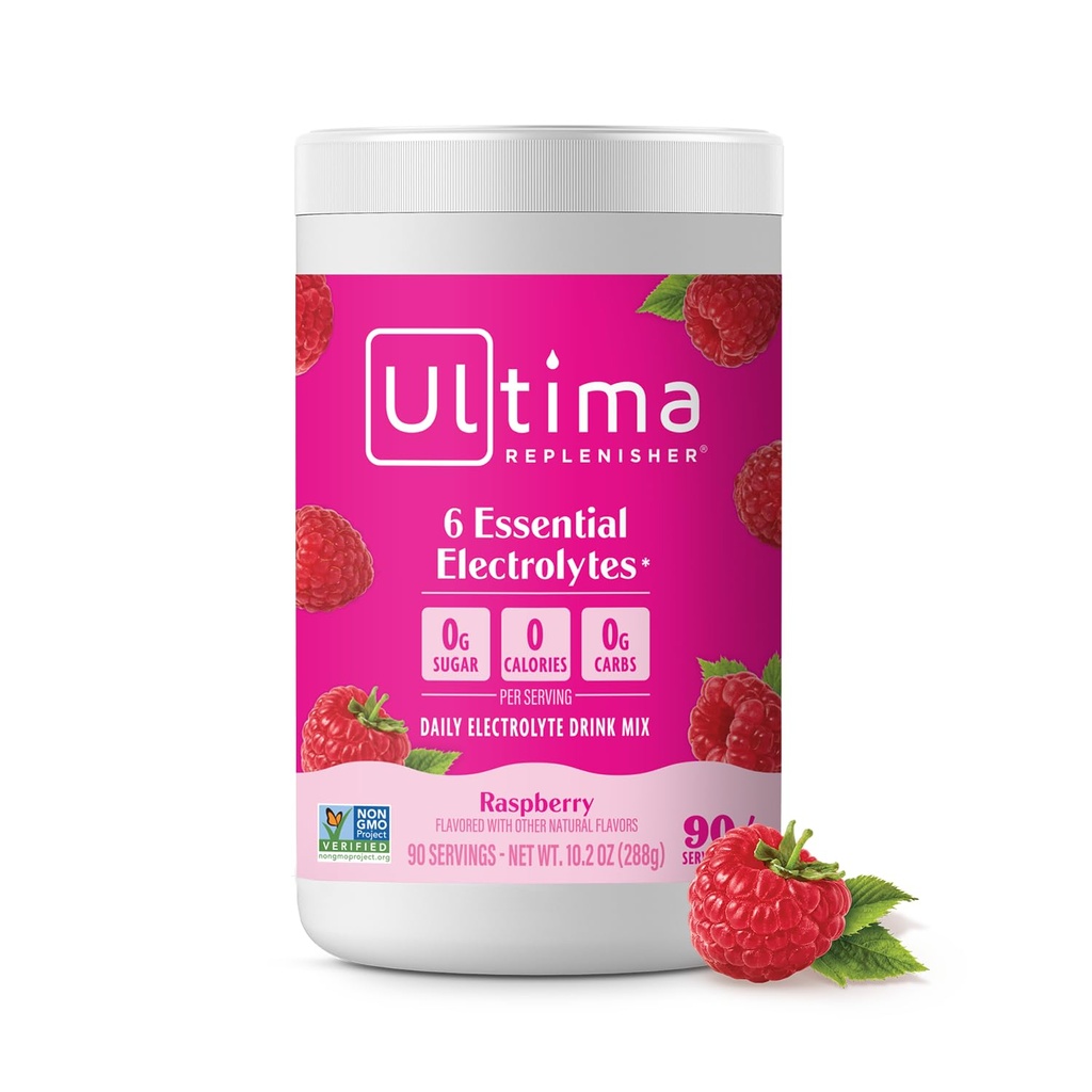 Ultima Replenisher Mélange quotidien de poudre d'électrolyte – sans sucre – framboise, 90 portions – poudre d'hydratation avec 6 électrolytes clés et minéraux traces – Keto Friendly, Vegan, Non-OGM