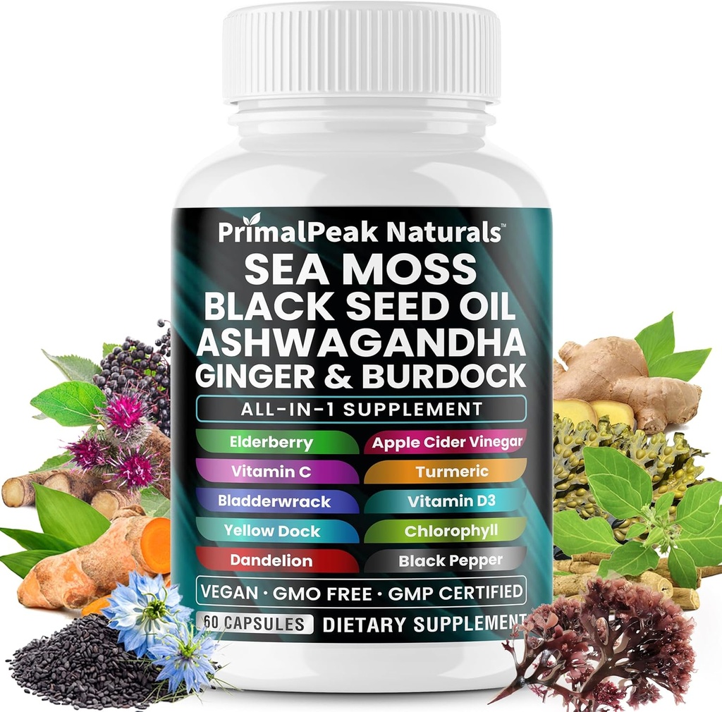 Sea Moss Black Seed Oil Ashwagandha Ginger Burdock Bladderwrack Turmeric & Vitamin C Vitamin D3 with ACV Elderberry Chlorophyll Dandelion Yellow Dock Vegan Capsules - 60 Count