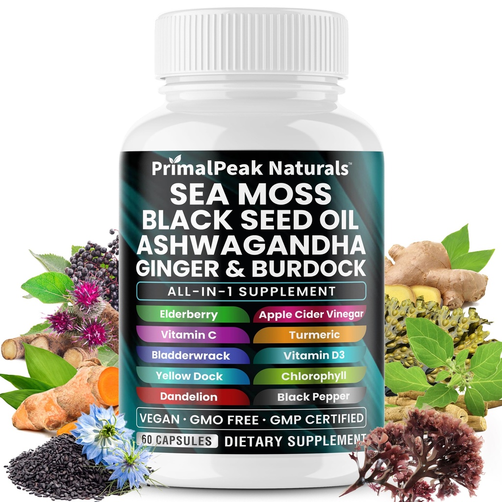Sea Moss Black Seed Oil Ashwagandha Ginger Burdock Bladderwrack Turmeric & Vitamine C Vitamine D3 avec vinaigre de cidre de pomme de terre Chlorophylle Dandelion Jaune Dock Capsules végétaliennes - 60 Compte