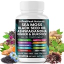 Sea Moss Black Seed Oil Ashwagandha Ginger Burdock Bladderwrack Turmeric & Vitamine C Vitamine D3 avec vinaigre de cidre de pomme de terre Chlorophylle Dandelion Jaune Dock Capsules végétaliennes - 60 Compte