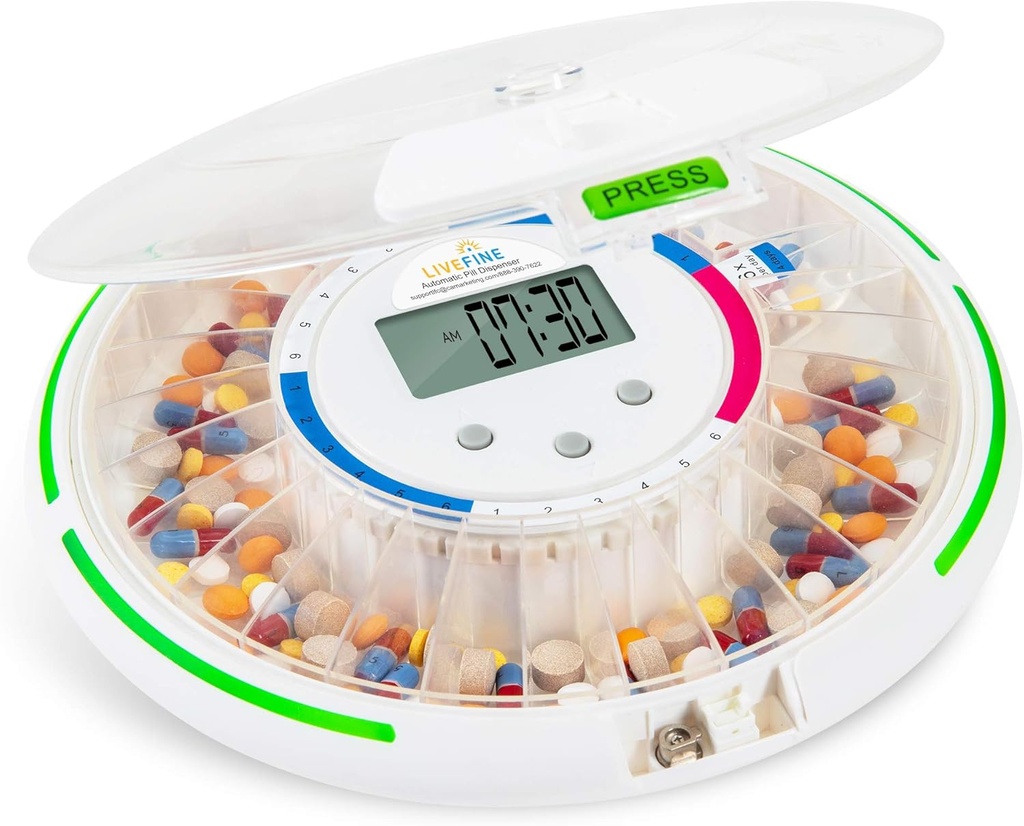 Distributeur automatique de pilules Live Fine avec organisateur électronique de médicaments de 28 jours, 6 modèles de dosage, affichage LCD facile à lire, alertes son et lumière et clé pour les prescriptions, vitamines, suppléments et plus