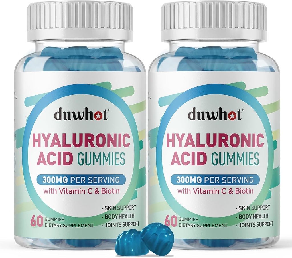 Hyaluronic Acid Gummies, Hyaluronic Acid Supplements with Vitamin C & Biotin 5000mcg for Skin, Hair, Nails Health, Joints Supplements for Women & Men, Low Sugar, Vegan, Non-GMO, 60 Counts