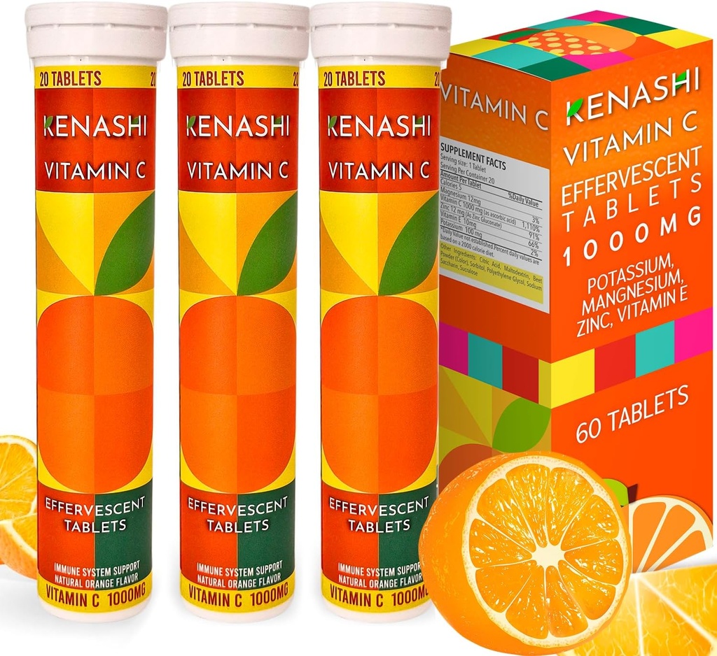 Vitamine C Comprimés effervescents 1000mg avec Magnésium Zinc Vitamine E & Potassium Vitamine C Efervescente 60 Tableaux 3 Pack Vitamine C