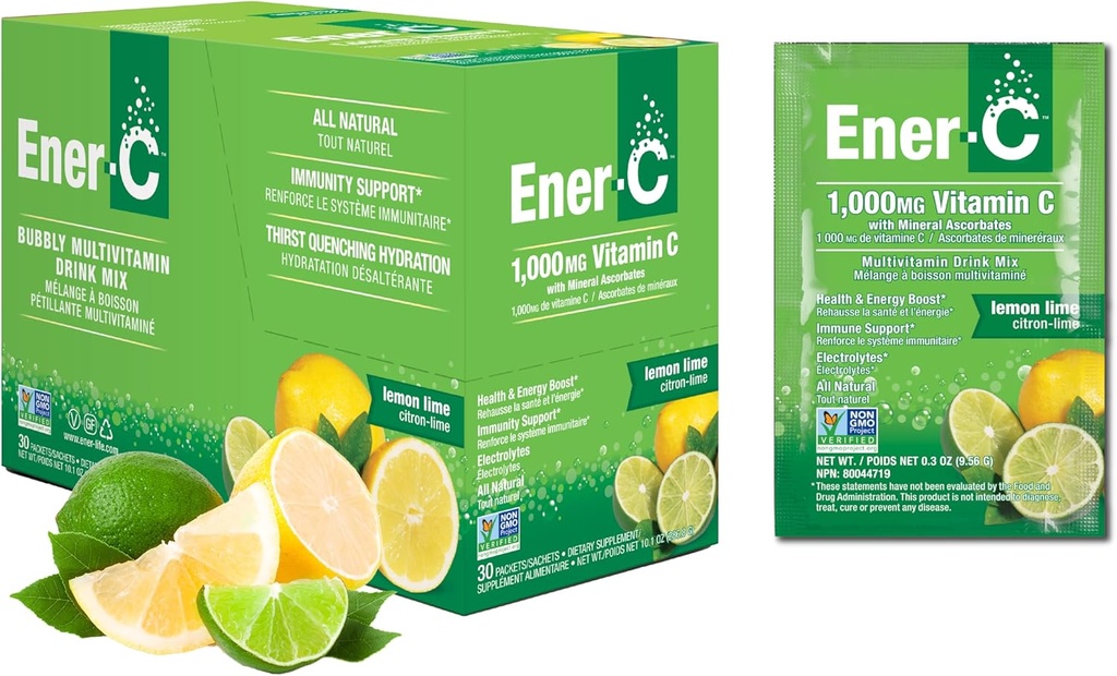 Mélange de boissons multivitamines Ener-C - Packs de vitamines pour l'eau, Packs de poudres d'électrolytes, Mélange de boissons vitaminiques, Mélange liquide d'hydratation, Booster immunitaire pour les adultes, Énergie saine - Citron Lime, 30 Compte