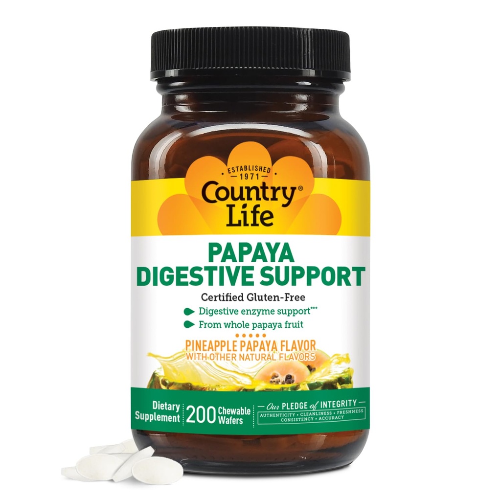 Country Life Enzymes de papaye à croquer pour le soutien de la digestion - Ananas naturels et parfum de papaye, aide à l'absorption des nutriments, contient de la papaine et de la protéase - 200 Ct
