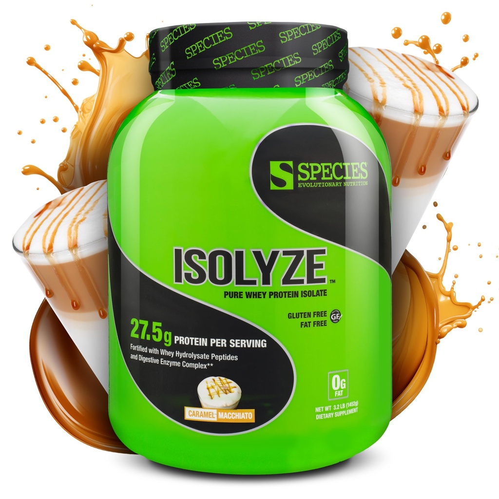 Espèce Nutrition Isolyze Poudre de protéines de lactosérum, 100 % d'isolat de lactosérum pour la musculation, 27,5 g de protéines par scoop, pas de sucre et faible en gras (Caramel Macchiato, 44 portions)