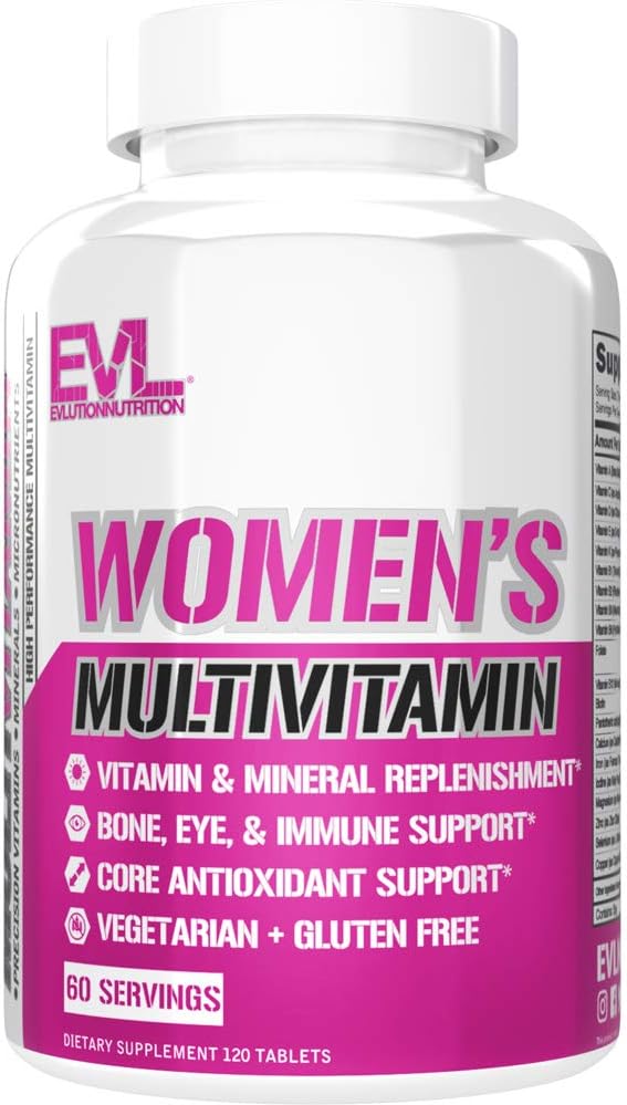Evlution Nutrition Multivitamines pour femmes - Vitamines et minéraux à spectre complet, santé immunitaire, vitamine C et D, fer, zinc, antioxydants et bioflavonoïdes, peau, cheveux, os, santé oculaire, 120 comprimés, 60 jours