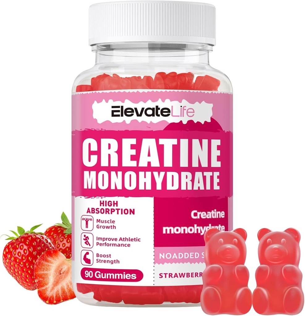 ElevateLife Creatine Monohydrate Gommies 5000mg pour les hommes et les femmes, Chewables Creatine Monohydrate pour la force musculaire, constructeur musculaire, boost énergétique, supplément pré-entraînement(90 comte)-Strawberries