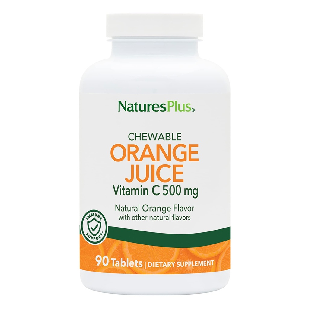 Natures Plus Jus d'orange Vitamine à croquer C - 500 mg, 90 comprimés - Supplément santé immunitaire et vasculaire à haute puissance, antioxydant - doux sur l'estomac - végétarien, sans gluten - 90 portions