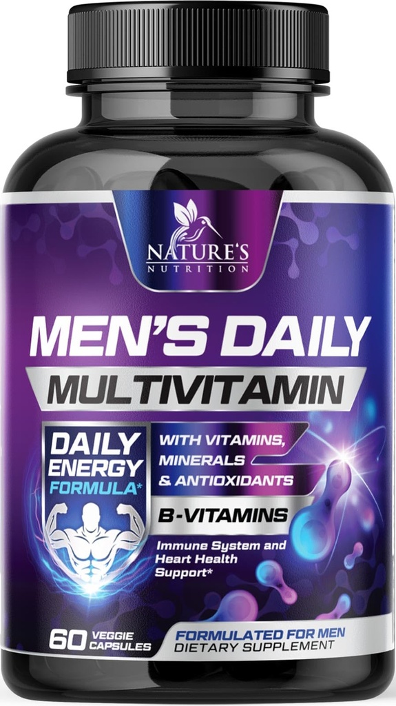 Multivitamine pour les hommes - Vitamine A, C, D, E, Zinc, Calcium, Multivitamines pour le soutien de la santé immunitaire, Vitamine B12, Gélules de supplément multivitamines quotidiennes pour hommes, Multivitamines pour hommes non OGM - 60 Capsules
