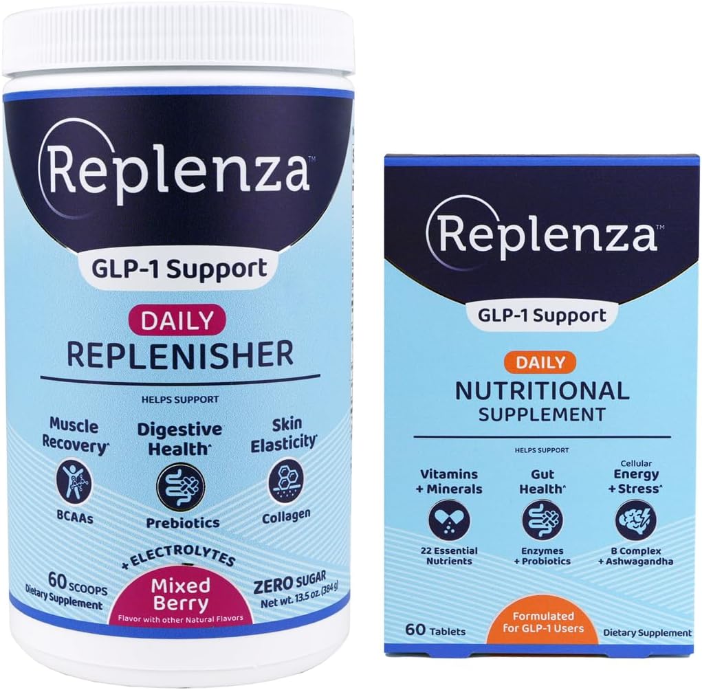 Replenza Daily GLP-1 Nutritional Support Bundle – Vitamines et minéraux essentiels pour la santé des Guts (60 comprimés) + poudre quotidienne avec acides aminés, prébiotiques et collagène (Berry, 60 scoops)