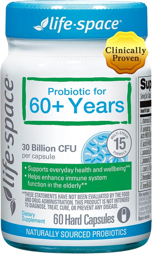 Life-Space Probiotic for 60+ Years, Supports Intestinal Immunity and Health, Gastrointestinal Vitality, Bifidobacterium lactis, 30 Billion CFU, Multi Strains - 60 Capsules