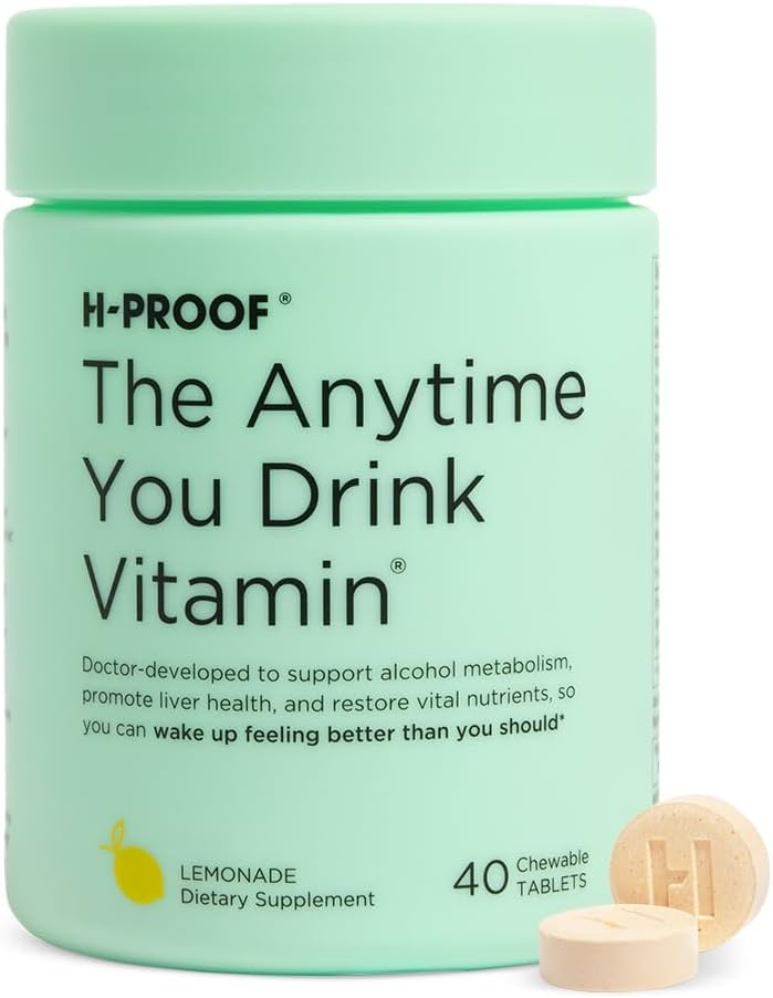 H-PROOF The Anytime You Drink Vitamin, Liver Health & Immunity Support with Electrolytes, Milk Thistle, and Vitamins B & C - 40 Chewable Tablets (20 Servings), Vegan, Lemonade