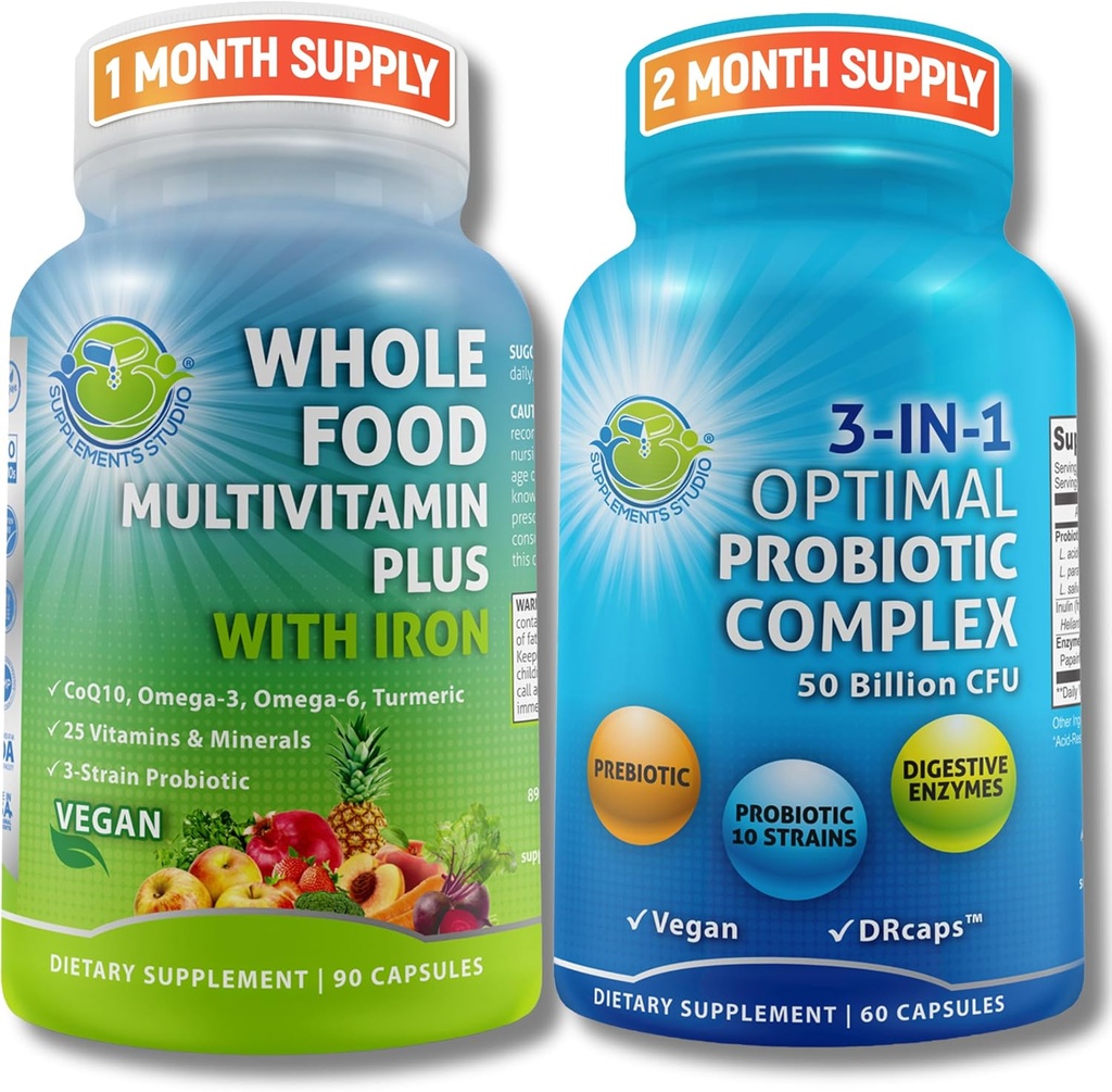 Gut & Immune Health Bundle - 3-en-1 Probiotique (50 milliards d'UFC, 10 souches) avec enzymes digestives et prébiotiques et aliments végétaliens entiers multivitamine avec fer enrichi avec fruits et légumes - végétalien, non-OGM