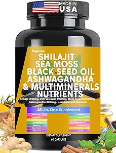 Shilajit Sea Moss Black Seed Oil Ashwagandha Burdock Vitamine C & D3 avec rodiola rosea dandelion à quai jaune vinaigre de cidre