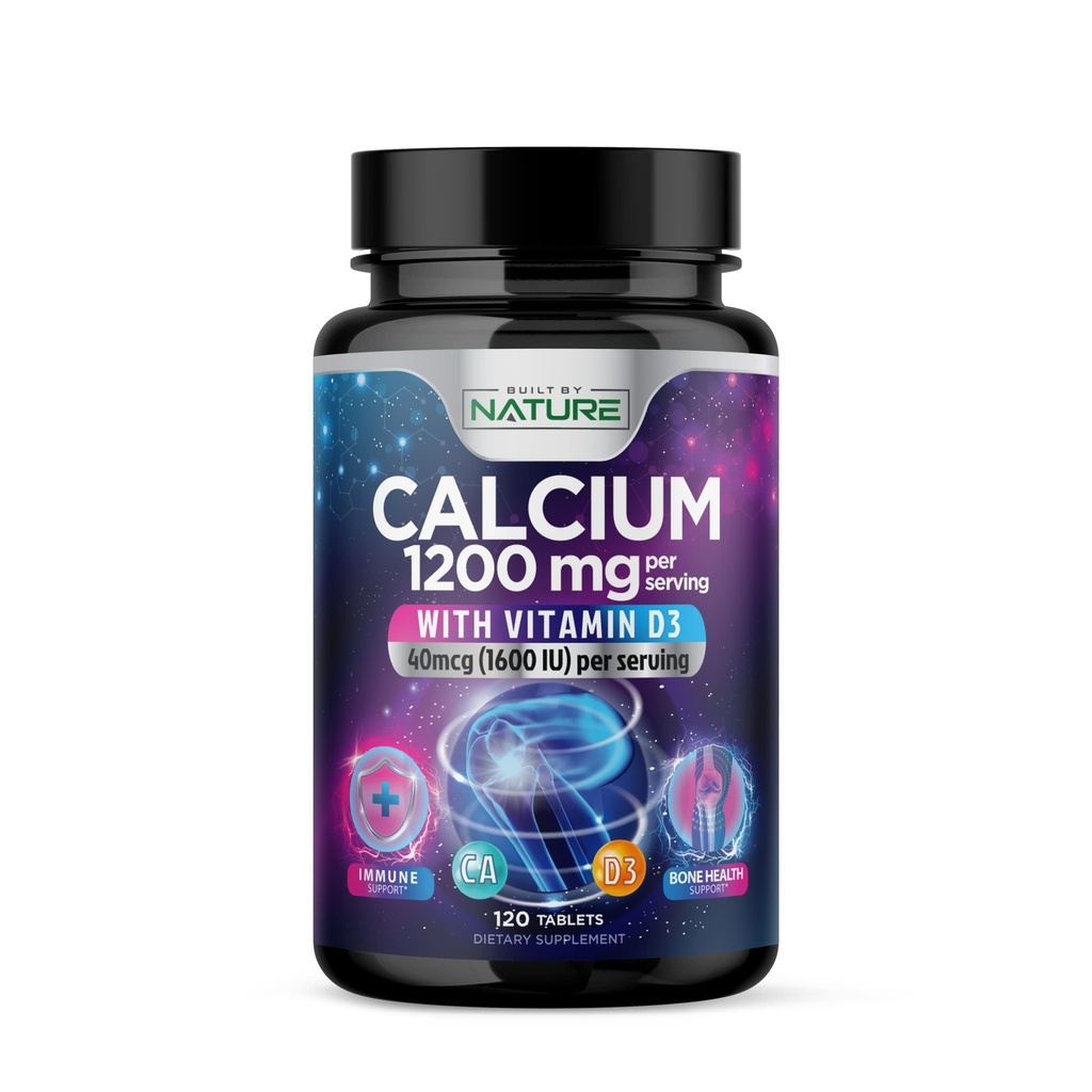 Calcium 1200mg avec vitamine D3 pour la meilleure absorption - Supplément de soutien aux os avancé, 1200 mg de carbonate de calcium et 1600 UI de vitamine D3, libération lente pour le soutien immunitaire, facile à avaler, 120 comprimés
