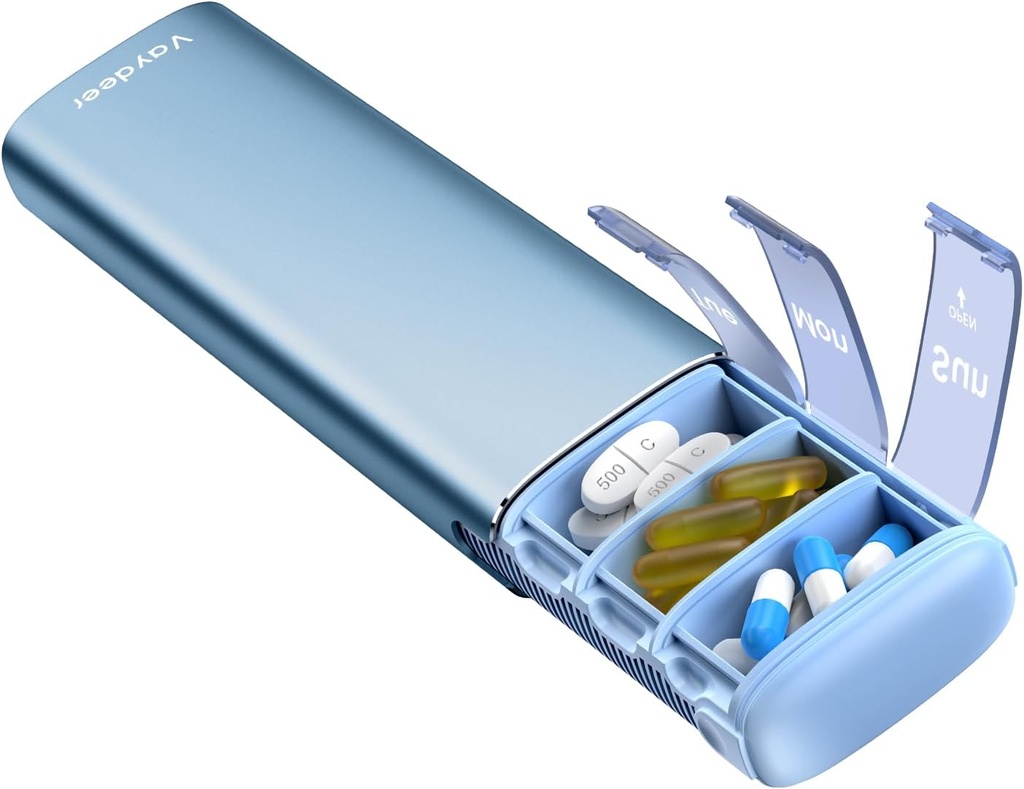 Vaydeer Metal Pill Organisateur de pilules, boîte à pilules hebdomadaire de 7 jours, étui quotidien à pilules mignons de grande capacité pour suppléments, pilules, vitamines et médicaments (petit, bleu)