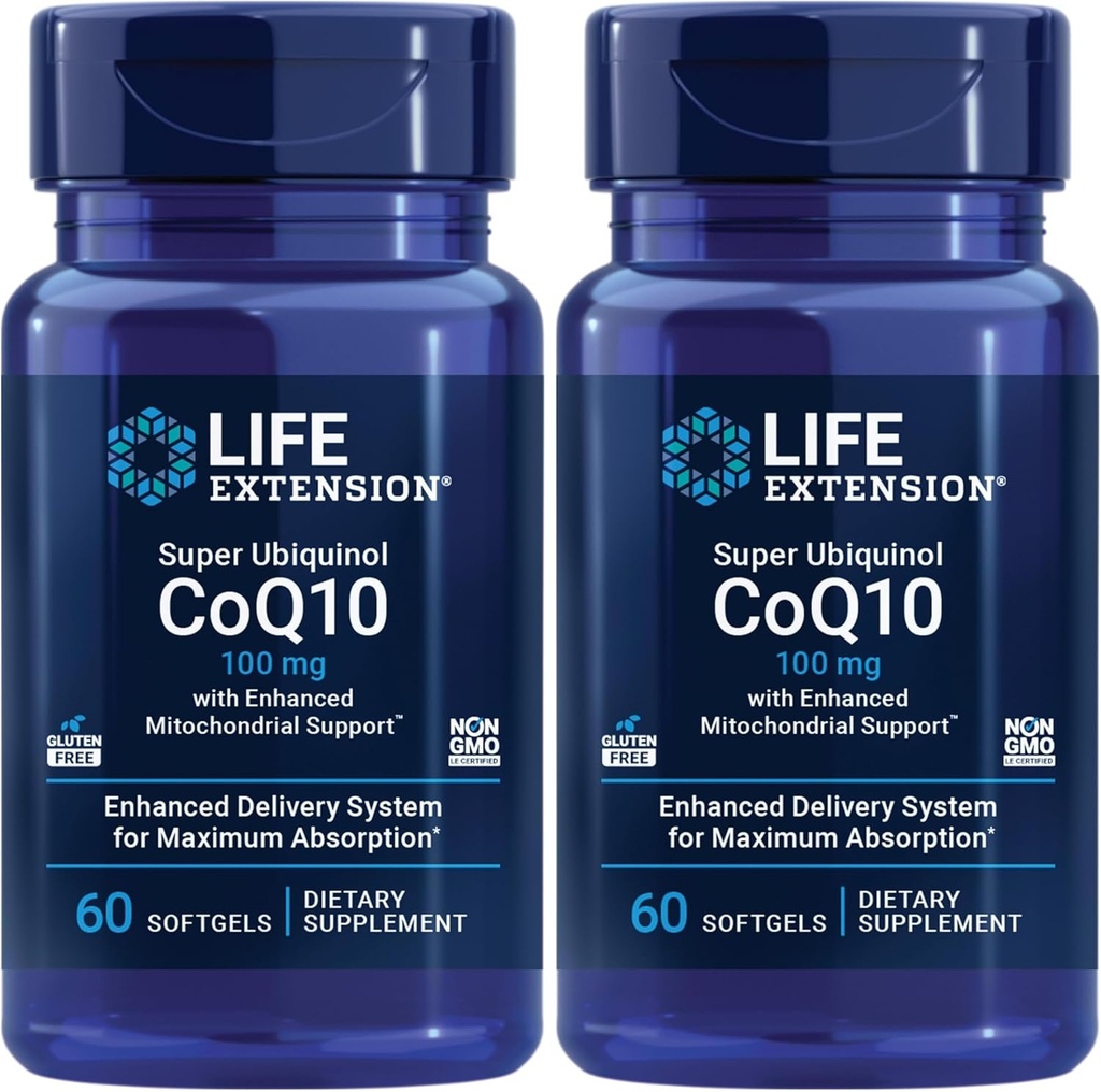 Life Extension Super Ubiquinol CoQ10 avec support Mitochondrial amélioré, ubiquinol CoQ10, shilajit, puissant soutien de la santé cardiaque et de la production d'énergie cellulaire, ultra-absorbable, sans gluten, 60 softgel