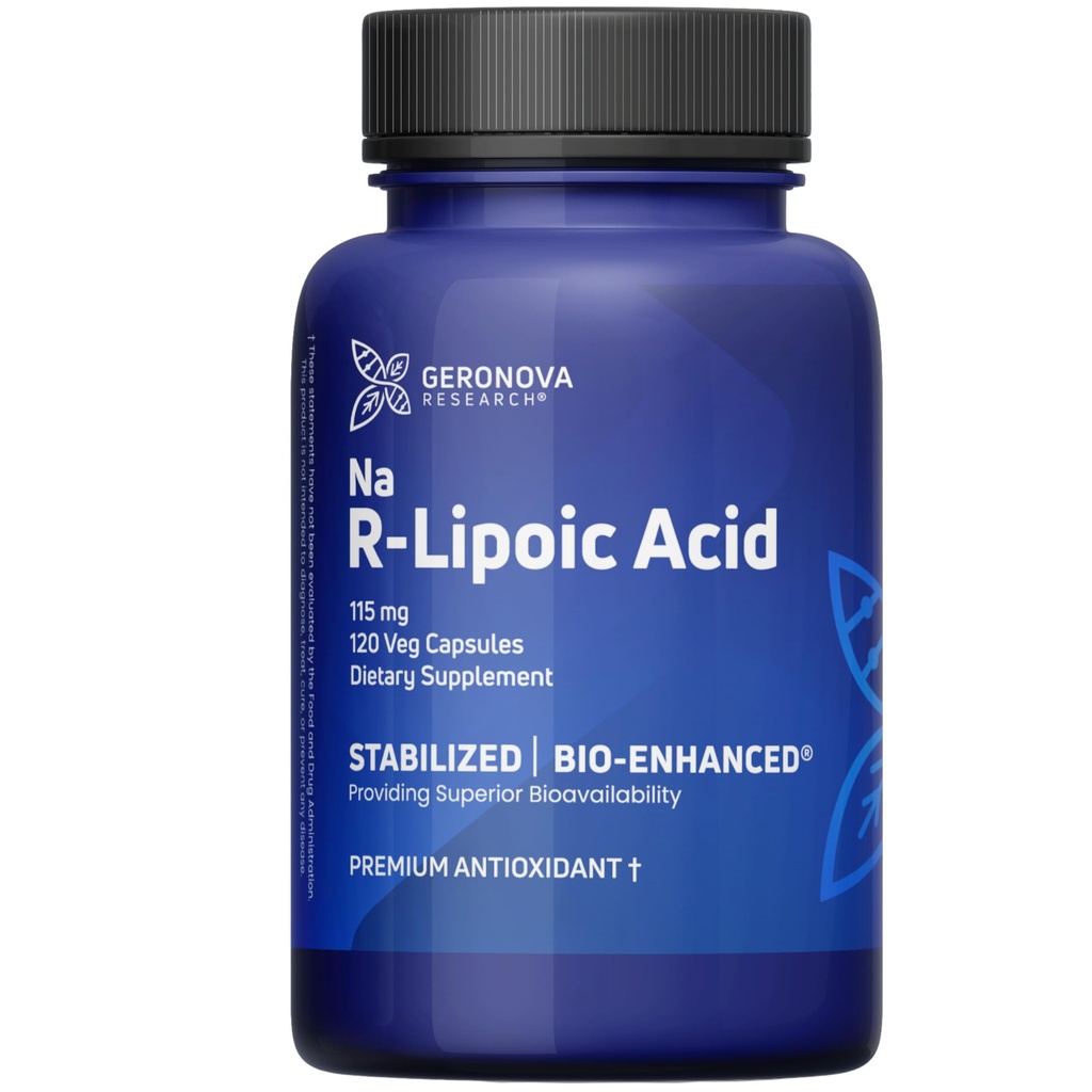 Geronova Recherche Acide R-Lipoïque Bio-Amélioré, 115 mg Capsules - Approvisionnement de 4 mois - Supplément d'acide alpha lipoïque Stabilisé R avec absorption accrue - 120 Compte