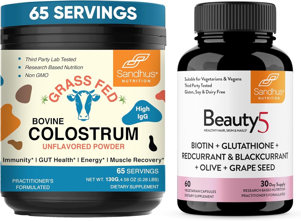 Sandhu's Pure Bovine Colostrum Powder Supplement for Humans & Beauty5 Végétarian Capsules: Immune, Gut, Muscle, Cheveux, Peau et Nail Soutien à la santé