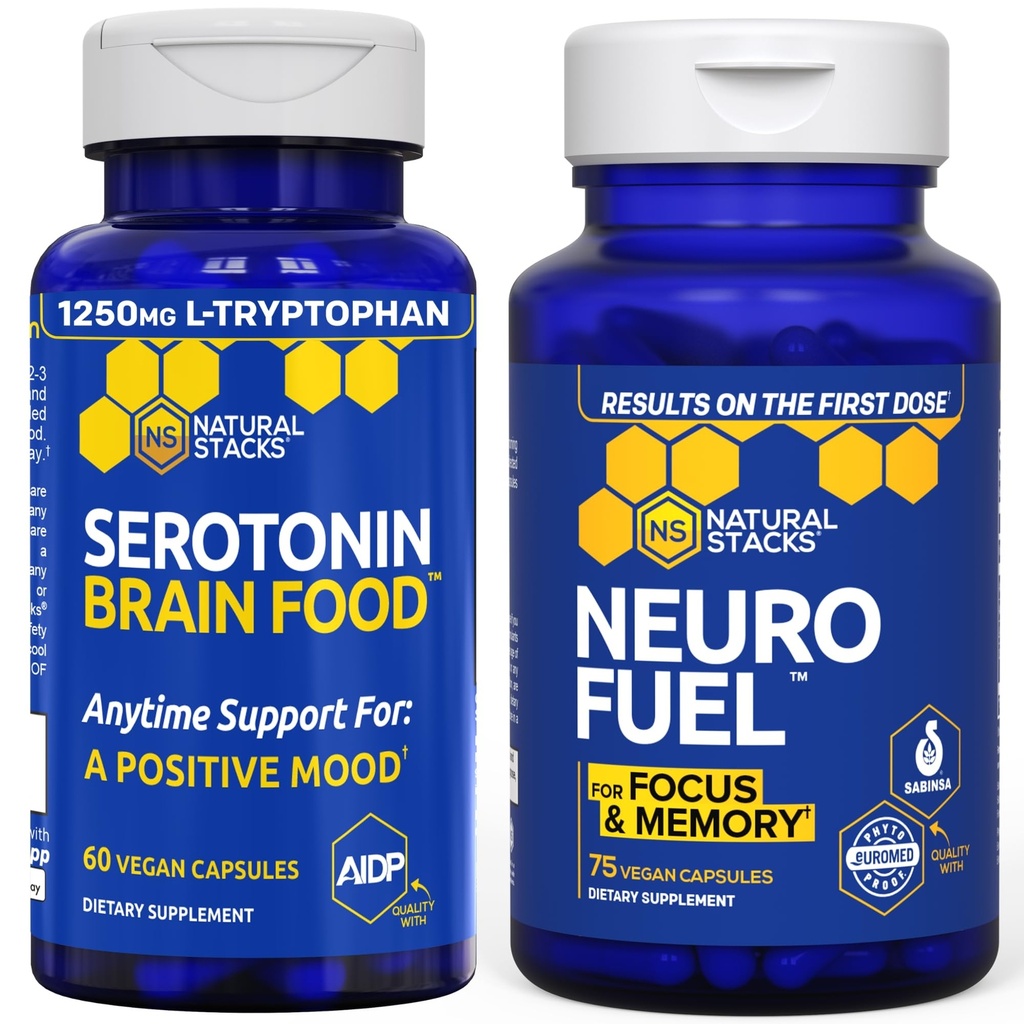 STACKS NATURAUX NeuroFuel Nootropic + Sérotonine Cerveau Alimentation - Soutient Mémoire, humeur et focus* - 135 Capsules totales