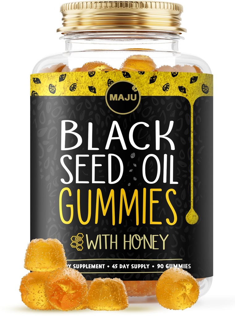 Huile de graines noires de MAJU Gommies au miel 90ct, 500mg BSO Gummy, Nigella de graines de cumin noir huile de sativa, pressé à froid, formule de potent, 90ct