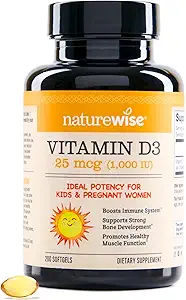 NatureWise Vitamine D3 1000iu (25 mcg) 200 jours d'approvisionnement pour le soutien immunitaire, la fonction musculaire saine et la santé des os - Non-OGM, sans gluten dans l'huile d'olive extra vierge biologique, (Mini Softgel), 200 Nombre