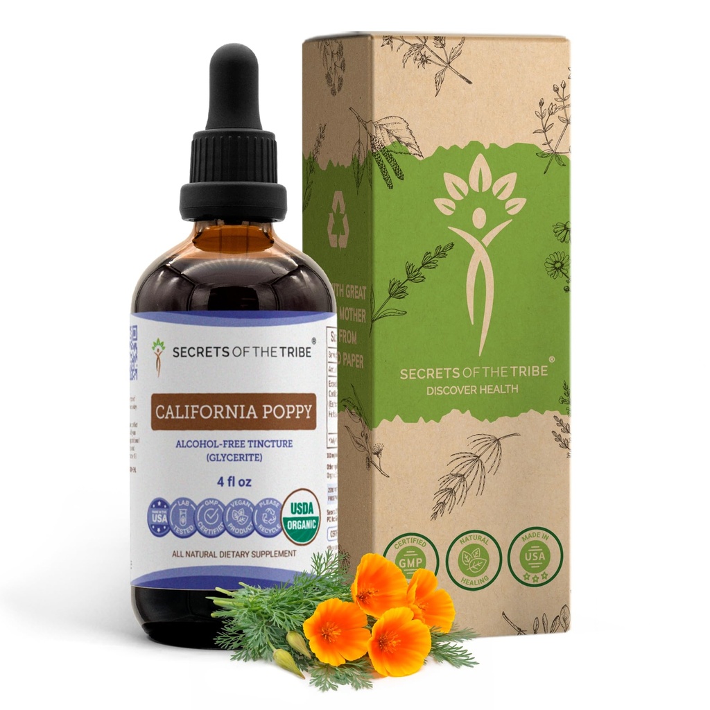 California Poppy Teinture biologique USDA Extrait d'alcool-FREE, gouttes à base de plantes à haute teneur en matière plastique.