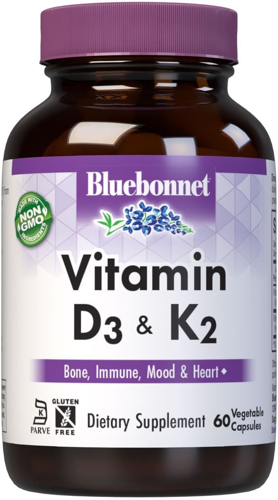 Bluebonnet Nutrition Vitamine D3 & K2, sans soja, pour les os fortement sains*, sans gluten, sans OGM, sans produits laitiers, certifié Casher, végétarien, 60 capsules végétales, 60 portions