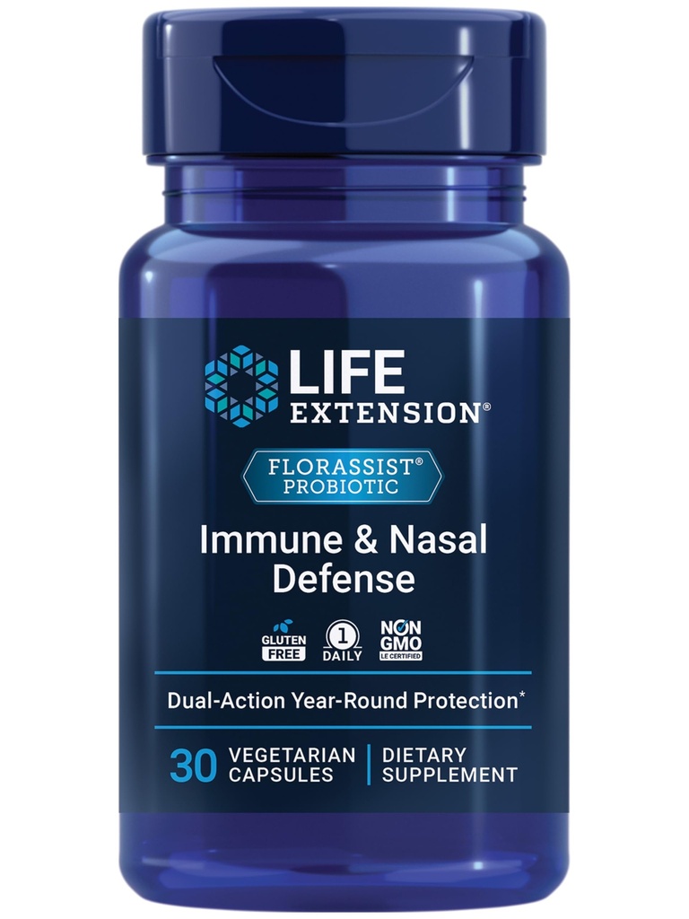Life Extension FLORASSIST® Immune & Nasal Defense, L. rhamnosus CRL1505, Réponse immunitaire, Flux d'air nasal sain, Soutien saisonnier, Sans gluten, Non-OGM, 1 quotidien, Végétarien, 30 capsules