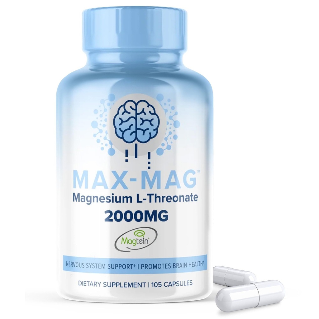 Max-Mag Magnésium L-Thréonate Supplément - 105 Capsules Fabriquées aux États-Unis- Magtéin 2000mg Complexe avec vitamine D3 et K2 pour le sommeil, l'humeur et le cerveau Magnésium L Thréonate Capsules Nutrition par MaxLife Naturals