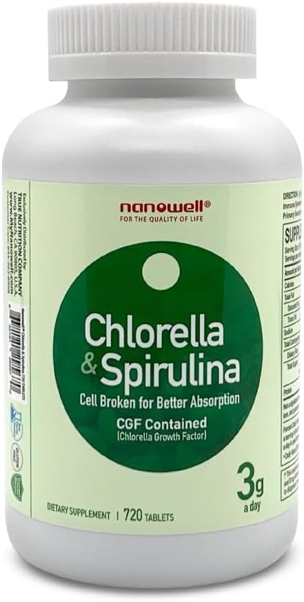 NANOWELL Chlorella & Spirulina 720 Tablets - Chlorella, Spirulina, Antioxidants, Vitamins, Rich in Proteins, Broken Cell Wall (720 Count)
