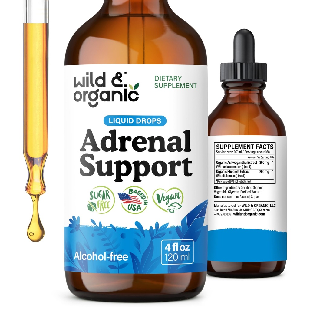 Wild & Organic Adrenal Support Drops for Positive Outlook - Suppléments naturels de soutien adrénal pour les femmes et les hommes - Vegan, Pas de sucre et d'alcool - 2-Mois d'approvisionnement - 4 fl oz
