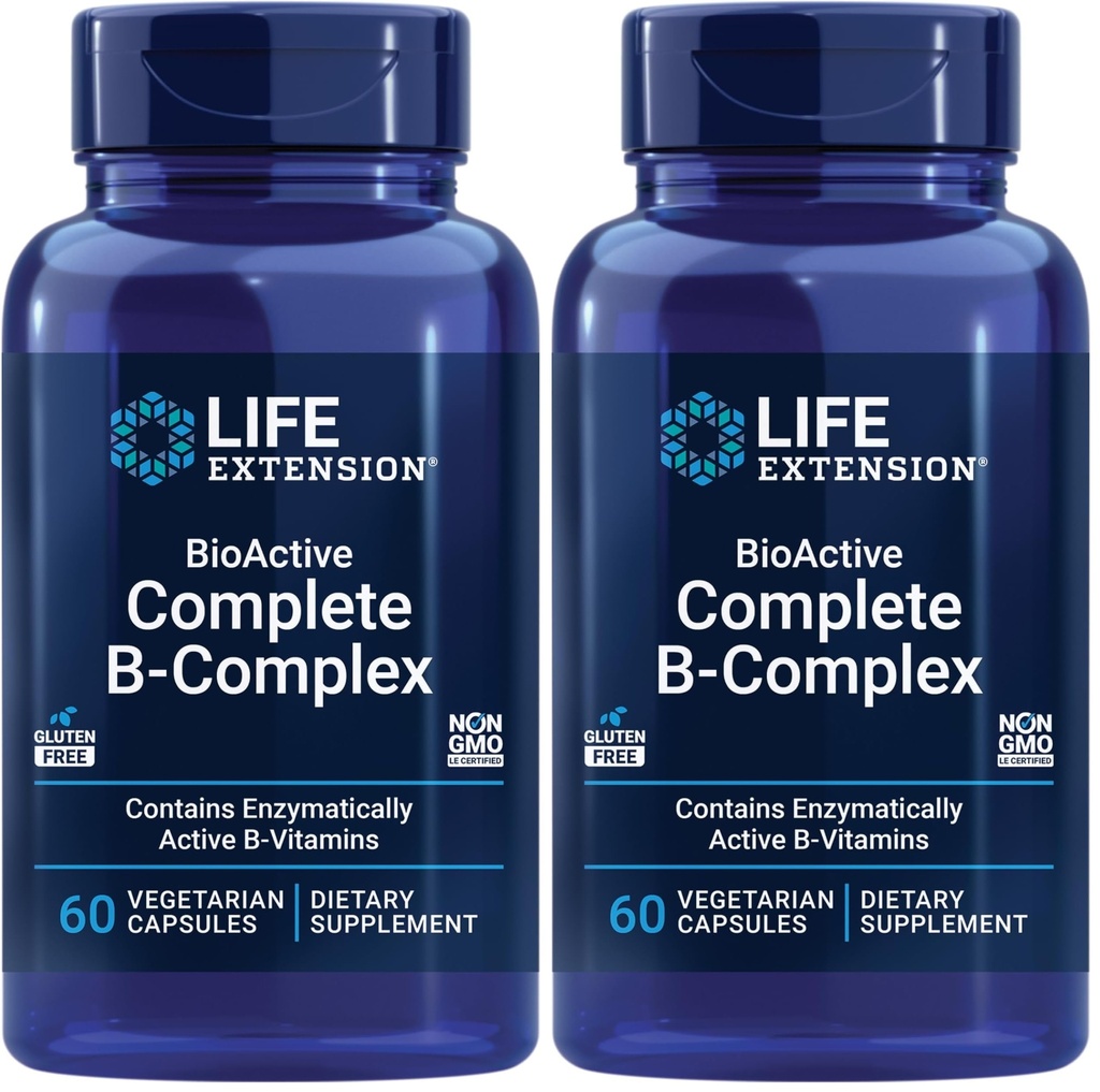 Prolongation de vie Complexe B complet bioactif, soutien cardiaque, cérébral et nerveux, énergie saine, métabolisme, complexe B complet, 60 capsules végétariennes (paquet de 2)