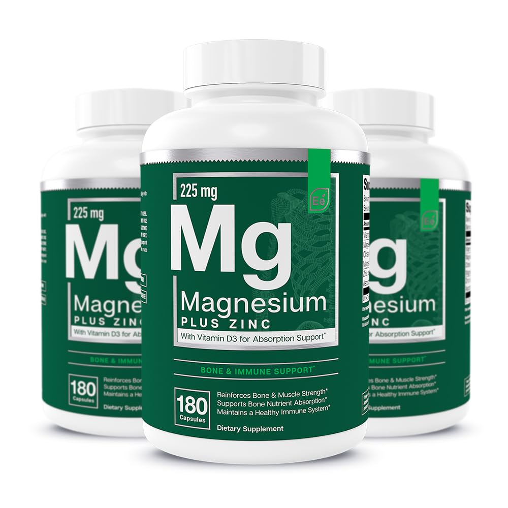 Éléments essentiels Magnésium Plus Zinc avec vitamine D3-Définition scientifique du cœur, os et soutien musculaire 225mg Complexe de Magnésium triple-strength avec Glycinat, Malate, Citrate