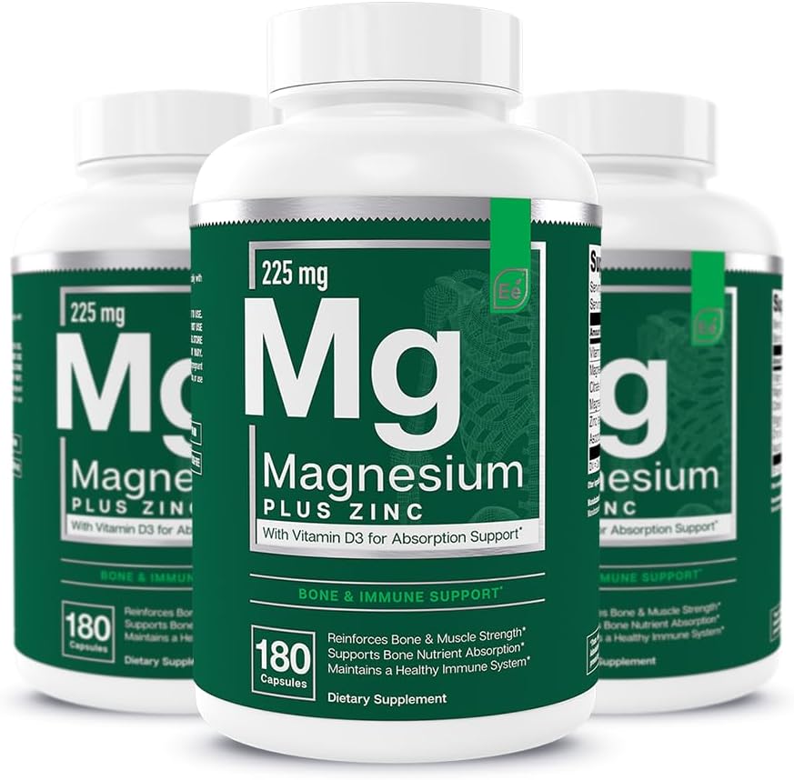 Éléments essentiels Magnésium Plus Zinc avec vitamine D3-Définition scientifique du cœur, os et soutien musculaire 225mg Complexe de Magnésium triple-strength avec Glycinat, Malate, Citrate