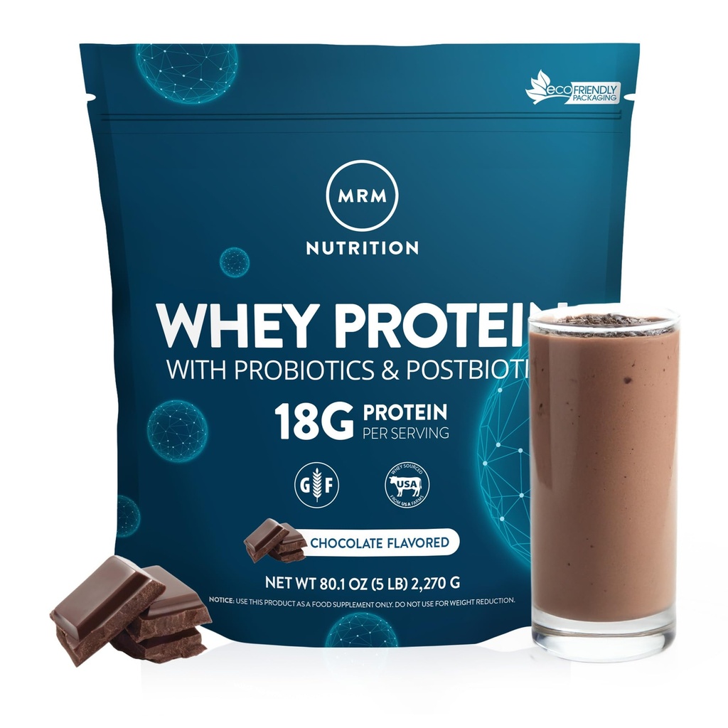 MRM Nutrition Protéines de lactosérum Chocolat aromatisé 18g Protéines avec 2 milliards de probiotiques + enzymes digestives + BCAAs