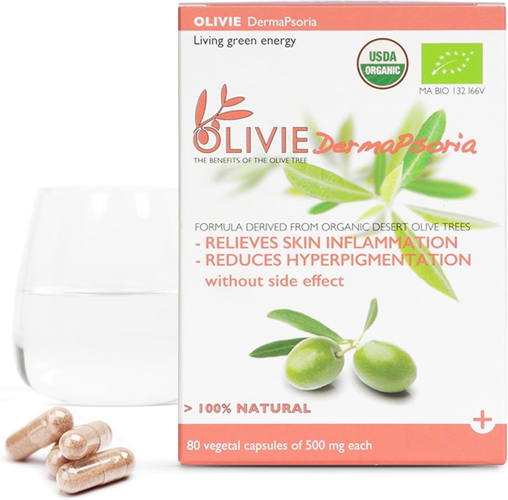 Supplément d'extrait de feuille d'olive biologique pour les femmes et les hommes par OLIVIE.DermaPsoria Supplément pour Psoriasis, Eczéma, Hyperpigmentation.