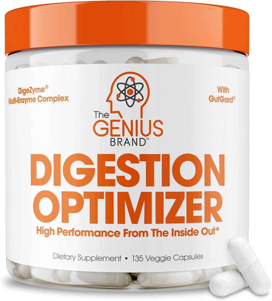 The Genius Brand Genius Digestion Optimizer - Supplément digestif pour Gut Health & Immmune Support - Pas de mélanges propriétaires - Vegan, non-OGM et sans gluten - 135 capsules de légumes