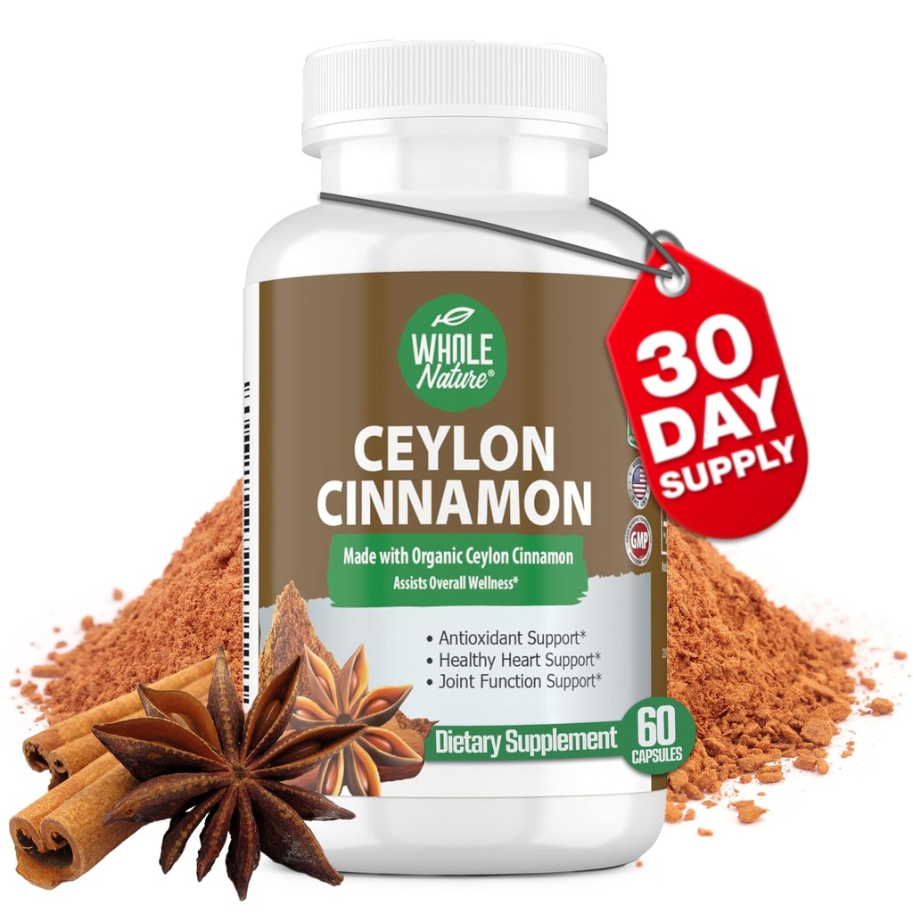 Capsules de cannelle 1200mg. Supplément de cannelle biologique Ceylan, pilules de cannelle soutiennent le cœur, cerveau, os, articulations, métabolisme. Vrai poudre de cannelle, sans OGM, sans gluten, végétalien 60 ct (1)