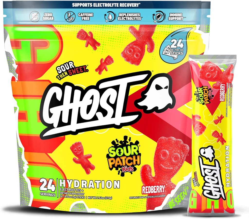 GHOST Packets d'hydratation, Sour Patch Kids Redberry, 24 bâtons, Poudre d'électrolyte - Supplément de mélange de boisson avec magnésium, potassium, calcium, vitamine C - végétalien, sans soja, sucre et gluten