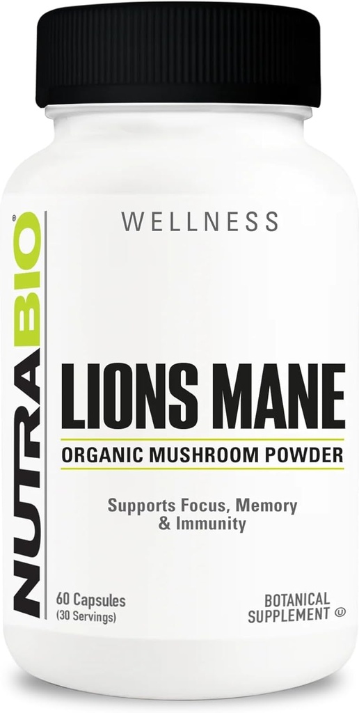 NutraBio Lions La Mane Supplément Capsules - Poudre de champignons de lion biologique (500mg)- Focus, Mémoire, Immunité - 60 Capsules végétales