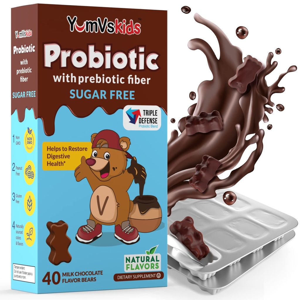 YumVs probiotiques pour les enfants avec des suppléments de sucre sans sucre prébiotiques au chocolat - Supplément diététique Chewables pour la santé digestive - Les tout-petits, les enfants et les adolescents 60 comte