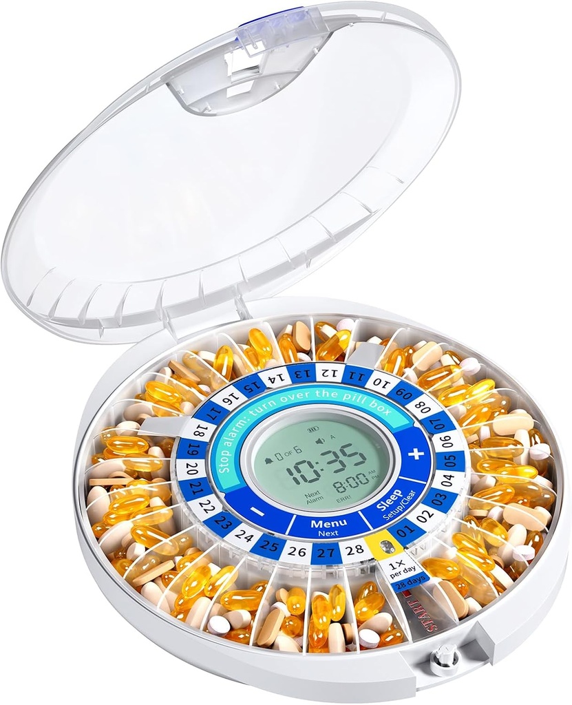 Distributeur automatique de pilules Daviky pour les personnes âgées avec alarme, boîte à pilules à fermeture électronique de 28 jours, rappels sonores et lumineux pour médicaments, vitamines et suppléments (bleu)