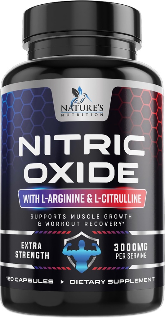 Booster à Oxyde Nitrique Extra Strength 3000mg - 3X Strength L-Arginine & Citrulline, Meilleurs Suppléments à Oxyde Nitrique pour les hommes, Supporte Muscle, Santé cardiovasculaire, Supplément énergétique, mis en bouteille aux États-Unis, 120 Capsules