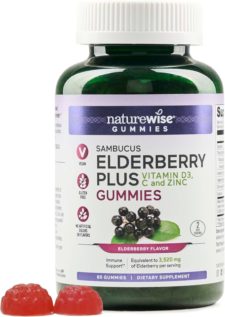 NatureWise Sambucus Gommies pour mûres aînées - Supplément de soutien immunitaire pour les enfants de 4 ans et plus et les adultes avec vitamine C, D3, zinc - mûres aînées équivalent à 3520mg - végétalien, non-OGM - 60comptes[30 jours]