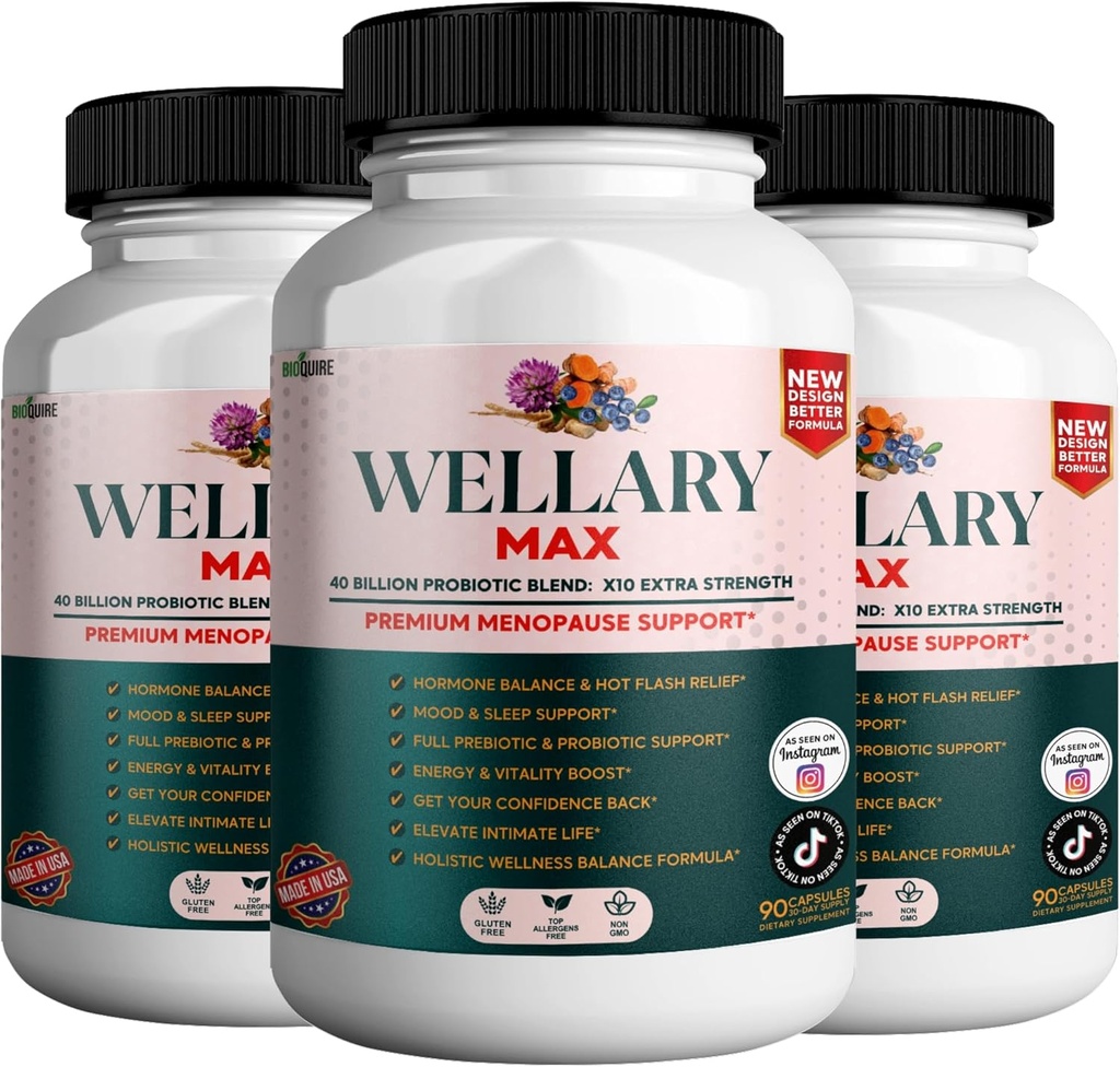 Wellary Max Ménopause Supplément de soutien, 40 Million CFU Probiotic Blend, 90 Capsules (3)
