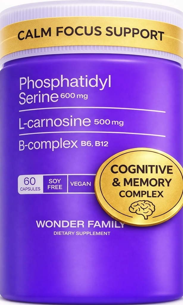 Phosphatidylsérine 600 mg avec la L-Carnosine 500 mg + B6, B12 & Folate — Complexe Lécithine-Soleil non-soyée PS — Végétation, non-OGM — Soutient la fonction cognitive, intégrité de la membrane cellulaire — 60 capsules