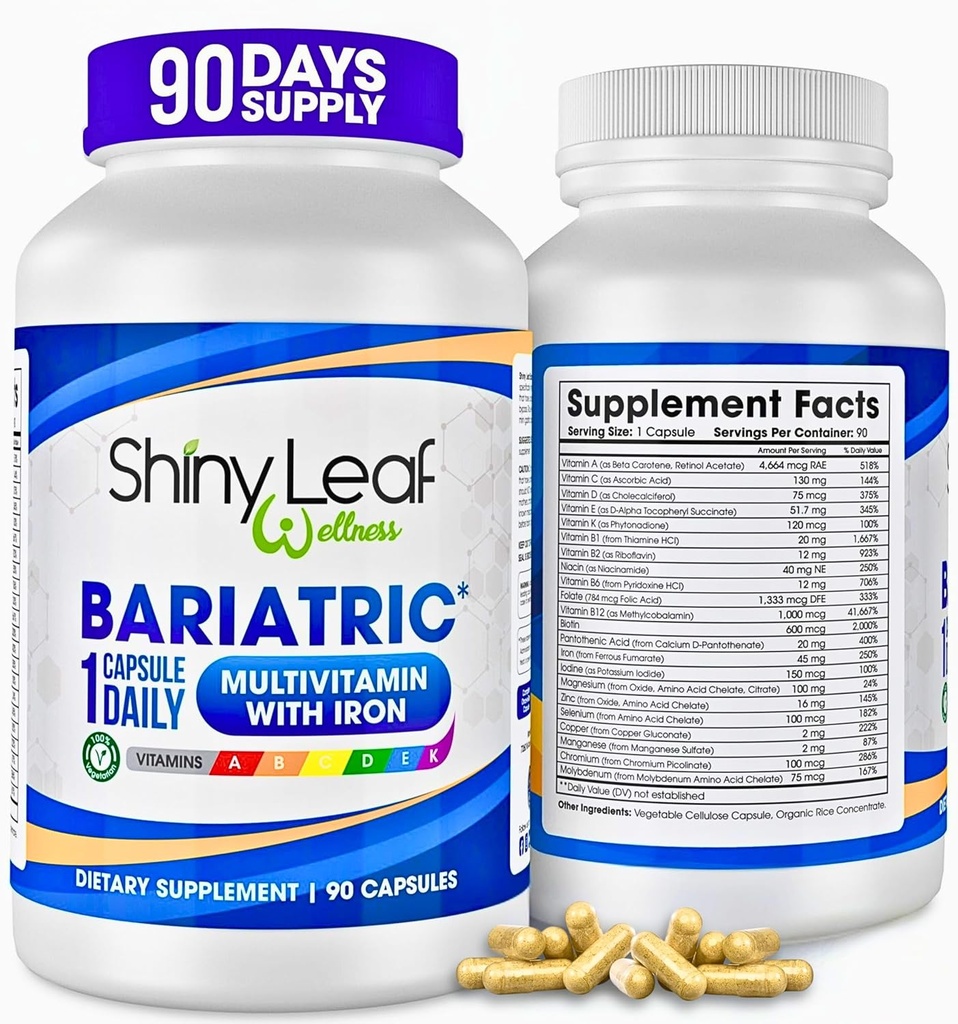 Shiny Leaf Bariatric Multivitamin with Iron - 45 mg for Gastric Bypass, Sleeve Gastrectomy, Roux-en-Y, Duodenal Switch - 22 Vitamins & Minerals, ASMBS Compliant, Vegetarian, Made in USA, GMP, 90 Ct.